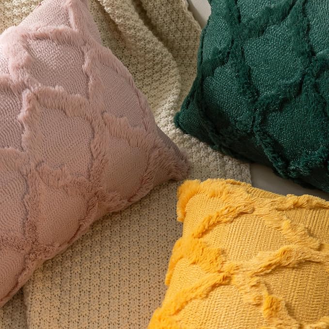 Set of 2 Soft Moroccan Throw Pillow Covers 16x16 Inch Plush Boho Decorative Pillow Cover Accent Cushion Case for Couch Sofa Bed, Mustard Yellow