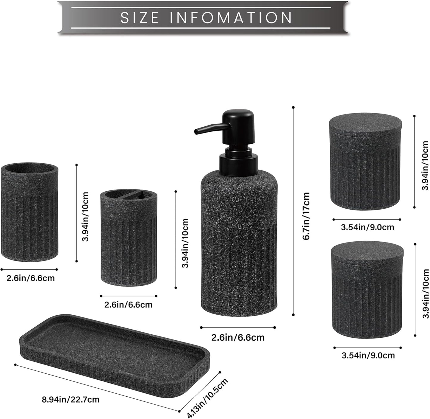 Bathroom Accessory Set - 6 Pieces Bathroom Accessories Set Complete with Soap Dispenser, Toothbrush Holder, Tumbler, Vanity Tray and 2 Qtip Holder for Home Organizer and Decor, Dark Grey
