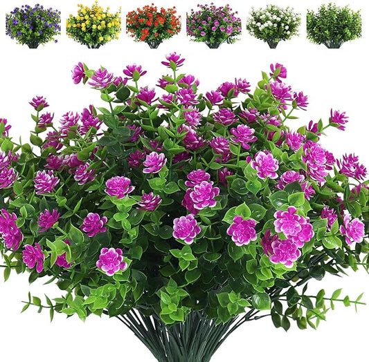 RECUTMS 8 Bundles Artificial Flowers Outdoor UV Resistant Plants Fake Greenery Foliage Shrubs for Indoor Outside Hanging Plants No Fade Faux Plastic Plants Garden Porch Window Box Décor (Fuchsia)