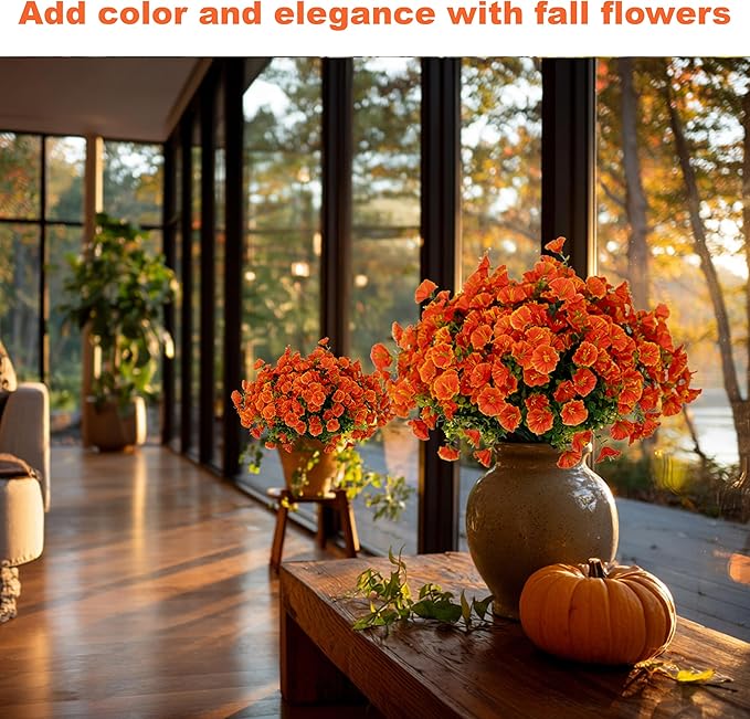 Artificial Fall Flowers Outdoor Fake Mums - 16 Bundles Fake Plants UV Resistant No Fade Faux Plastic Greenery Garden Morning Glory Home Decor (1, Orange)