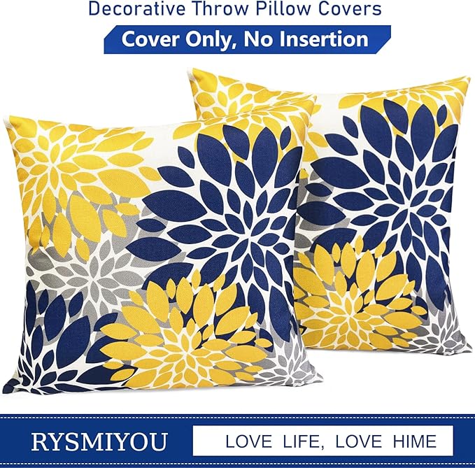 Decorative Throw Pillow Covers Set of 2 Blue Yellow Pillow Covers 22x22 Inch Couch Pillow Covers for Sofa Living Room Outdoor Throw Pillow Cover Linen Floral Flower Farmhouse Pillowcase
