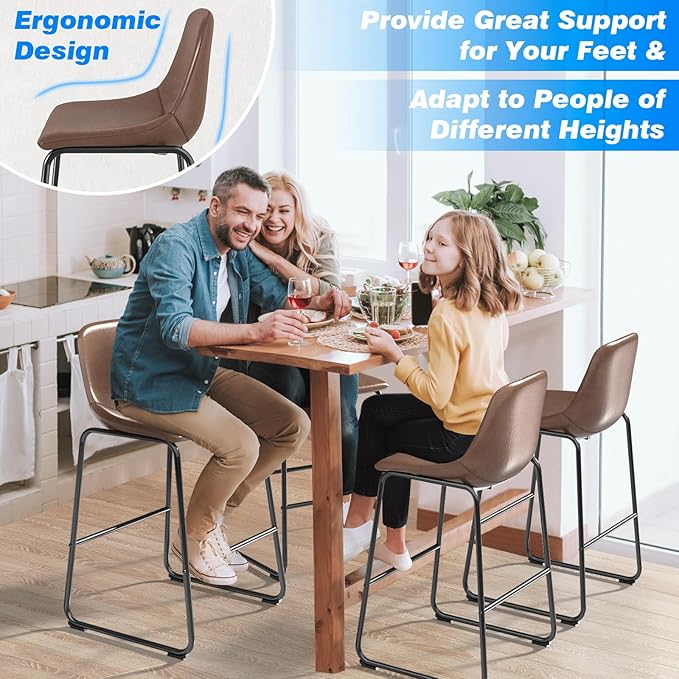 Rfiver Pu Faux Leather Bar Stools Set of 2, Industrial Pub Barstools with Back and Footrest, Modern Armless Bar Height Stool Chairs (Brown, 30" Barstool x2)