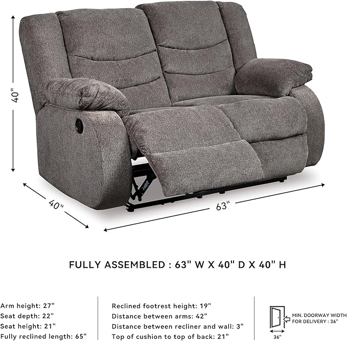 Signature Design by Ashley Tulen Modern Manual Pull Tab Reclining Loveseat, Dark Gray
