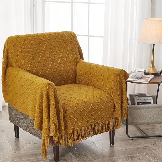 inhand Knitted Fall Throw Blanket for Couch and Bed, Knit Fall Decor Halloween Blanket with Tassel, Brown Lightweight Decorative Farmhouse Warm Woven Blankets and Throws for Women, 60"x80"