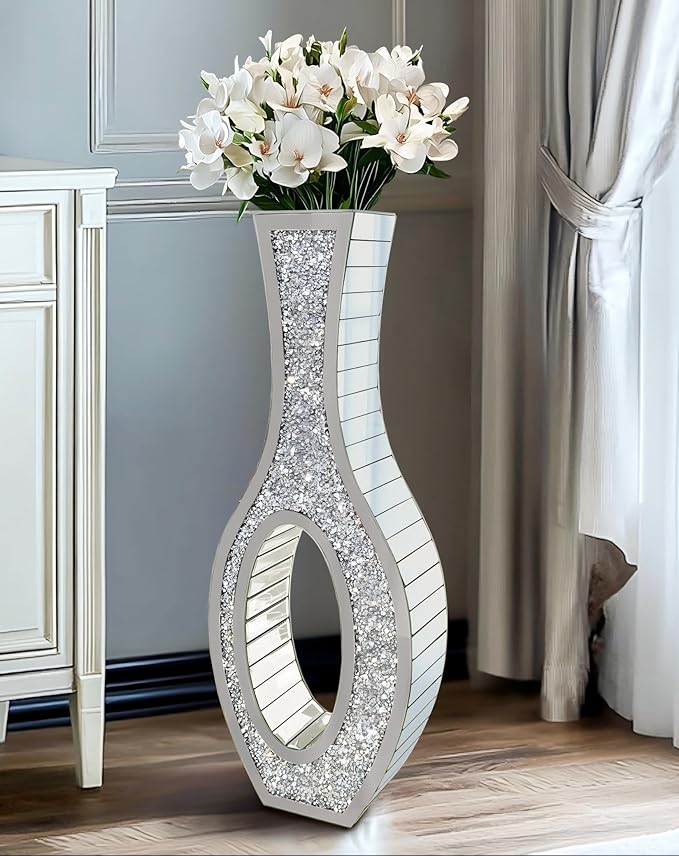 Elegant Glam Mirror Vase: Silver Glass Mirrored Vase Floor-Standing, 30.1 inches High Bling Crystal Living Room Centerpiece for Home Luxury Decor, Won't Hold Water