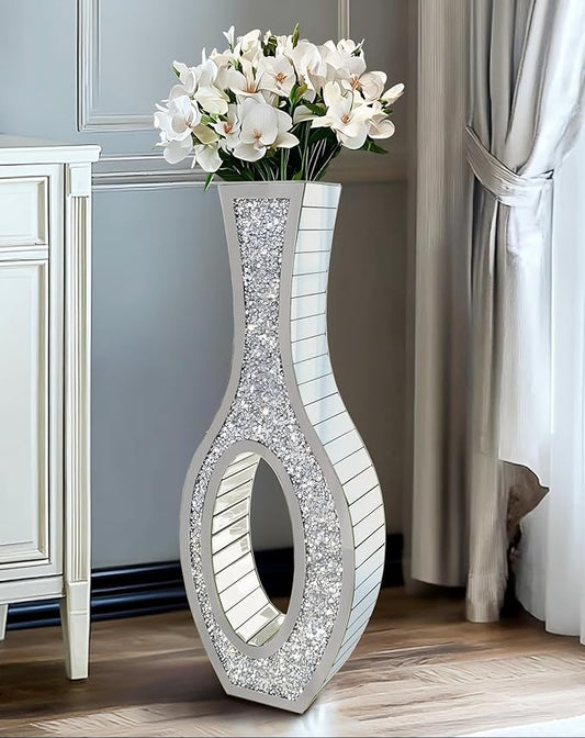 Elegant Glam Mirror Vase: Silver Glass Mirrored Vase Floor-Standing, 30.1 inches High Bling Crystal Living Room Centerpiece for Home Luxury Decor, Won't Hold Water