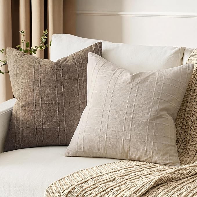 MIULEE Decorative Linen Check Euro Shams Throw Pillow Covers Neutral Farmhouse Vintage Christmas Pillow Covers 26x26 Set of 2 Boho Modern Home Decor for Sofa Couch Bedroom Cushion Natural Beige