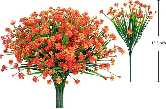 Ouddy Decor 24 Bundles Artificial Fall Flowers for Outdoors Decoration UV Resistant Fake Mums Faux Plastic Plants for Indoor Outdoor Home Garden Porch Autumn Harvest Decor, Orange