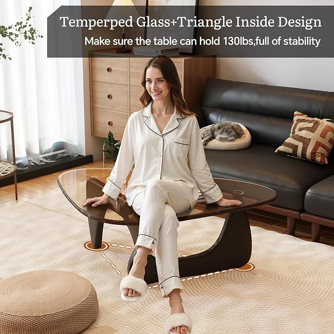 Coffee Table for Living Room Mid Century Modern Center Table with Glass Top, Walnut Transparent