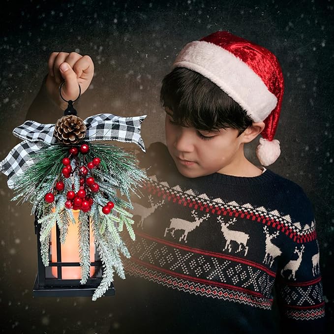 Christmas Decorative Lantern w/LED Flickering Flameless Candle - 14 Inch, Antiqued Vintage Lantern with Xmas Ornament for Outside Indoor Table Holiday Party Decorations