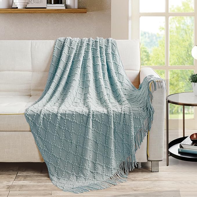 BOURINA Aqua Throw Blanket 50 x70 Inches Jacquard Argyle Throw Textured Solid Soft Throws and Blankets for Sofa or Bed Knitted Decorative Blanket