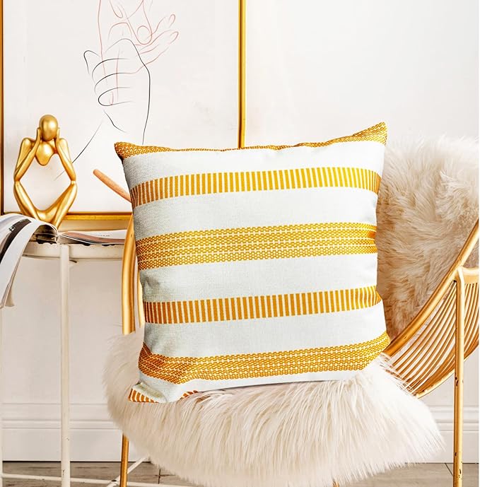 Decorative Throw Pillow Covers Set of 2 Chrome Yellow Boho Striped Pillow Covers 18x18 Inch Throw Pillow Cover Linen Pillowcase Farmhouse Outdoor Pillow Covers for Couch Sofa Living Room