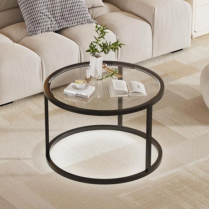 Glass Coffee Table Modern Center Table,Minimalist Round Coffee Tea Table with LED Lights,Simple Tea Cocktail Modern Center Tables for Home, Office, Bedroom,Black