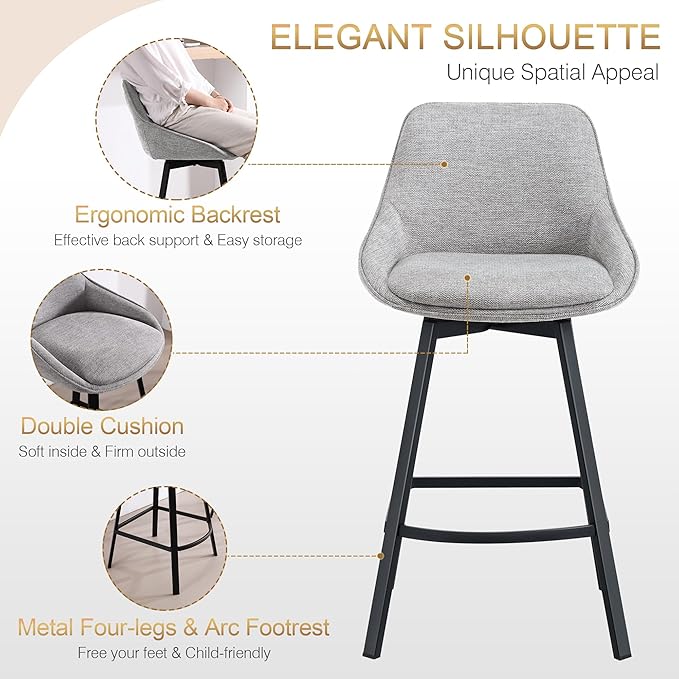 Zesthouse Swivel Bar Stools Set of 4, Modern Counter Height Barstools with Backs, 26'' Upholstered Linen Fabric High Chairs for Island Kitchen, Counter Height Chairs with Metal Legs, Grey