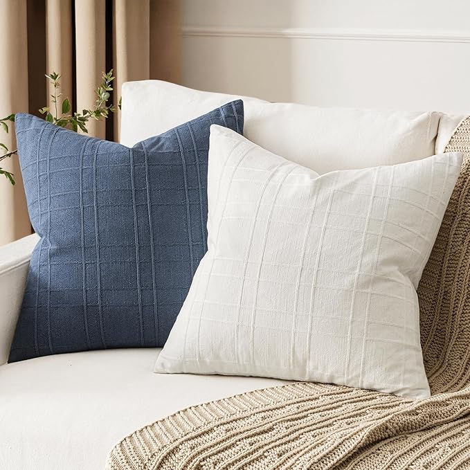 MIULEE Decorative Linen Check Lumar Throw Pillow Covers Neutral Farmhouse Vintage Christmas Pillow Covers 12x20 Set of 2 Boho Modern Home Decor for Sofa Couch Bedroom Cushion Cream White