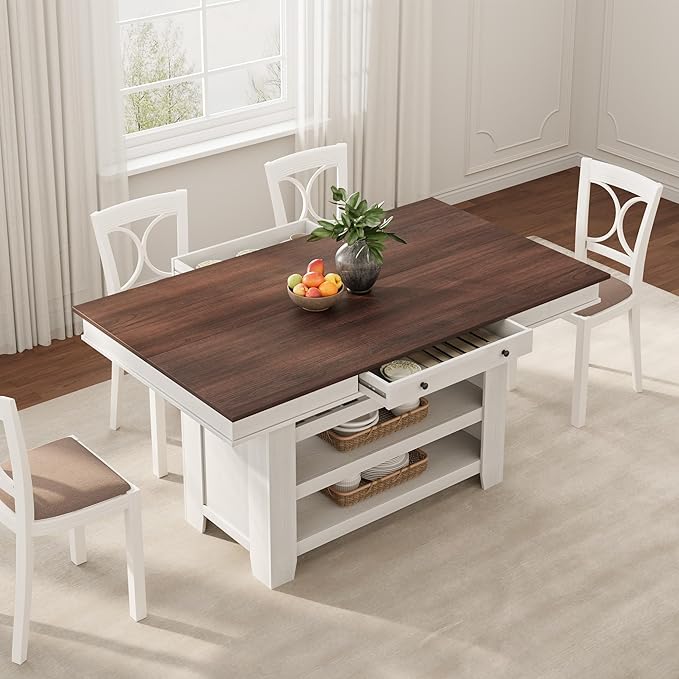 GAOMON 60" Counter Height Dining Table for 4, Farmhouse Rectangular Tall Bar Height Kitchen Dining Table & Thick Table Top, with Deepened Wine Rack & Shelves for Kitchen, Bar,Retro White & Brown