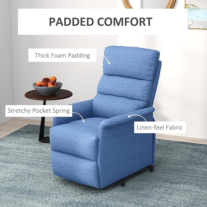 HOMCOM Power Lift Recliner Chair for Elderly, Easy Assembly, Fabric Lift Chair for Adults, Recliner Sofa with Remote Control, Side Pockets for Living Room, Blue