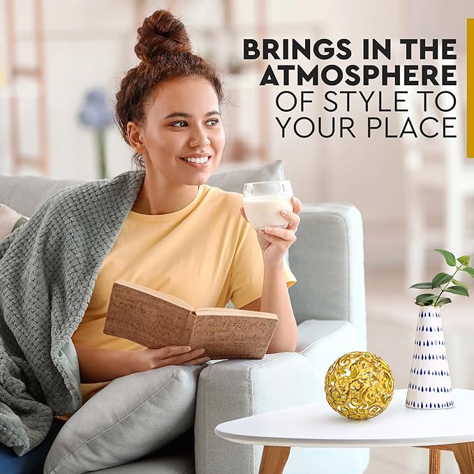 Everydecor Metal Decorative Sphere for Home Decor - Decorative Balls for Shelves, Centerpiece Bowls, Bookshelf - Decoration Orbs Accents for Living Room, Bedroom - Fancy Yellow Shelf Spheres