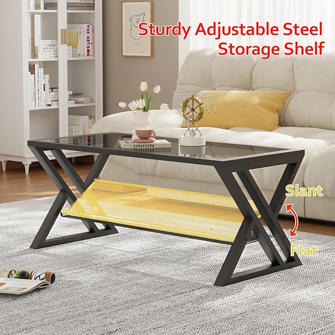 Glass Coffee Table Living Room Table with Storage Shelf, Grey Glass Table Simple Modern Rectangular Tables with Sturdy Black Metal Frame,Industrial Glass Coffee Table for Bedroom Home Office