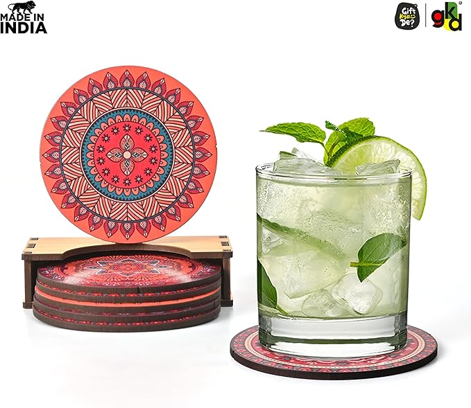 GKD Wooden Coasters for Drinks, Coasters Set of 6 with Holder, 3.5 inches Eco-Friendly Absorbent Coaster for Coffee Table, Bar, Drinking Glasses, Tabletop Protection (1, Rangoli)