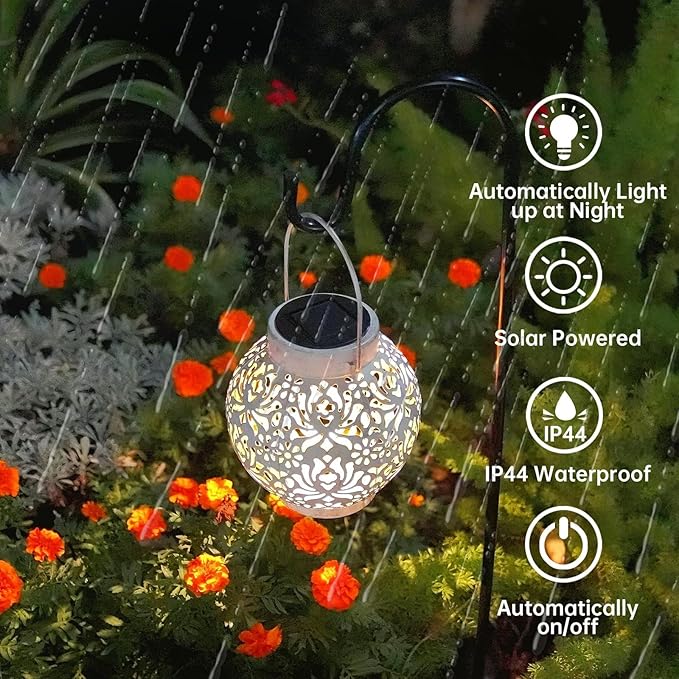 Outdoor Solar Hanging Lantern Lights Metal LED Decorative Lamp for Garden Patio Courtyard Lawn and Table with Hollowed-Out Design (White)