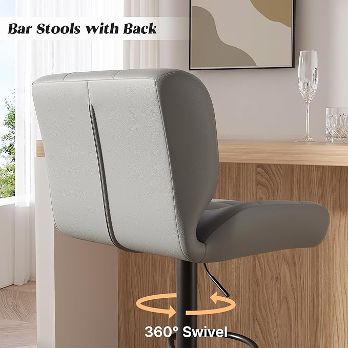 Modern Bar Stools Set of 4, Faux Leather Upholstered Swivel Bar Stools, Adjustable Counter Height Bar Chairs with High Back and Footrest for Kitchen Island (Light Grey)