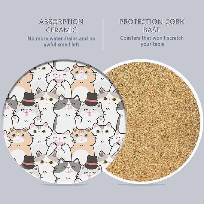Drink Coasters Set of 6 with Holder, Cute Cats Absorbent Ceramic Coasters with Cork Base,Fit All Cups,Great Gift for Housewarming,Room Decor,Bar,Holiday Party