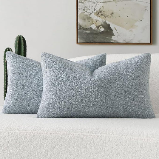 FUTEI Pack of 2 Dusty Blue Decorative Throw Pillow Covers 12x20 Inch Soft Cozy Solid Boucle Textured Lumbar Pillow Cases,Modern Home Decor for Couch Bed Living Room