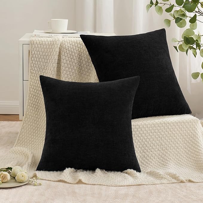 MIULEE Black Couch Pillow Covers 18x18 Inch, Set of 2 Soft Chenille Decorative Square Throw Pillow Covers Farmhouse for Sofa Living Room Bed