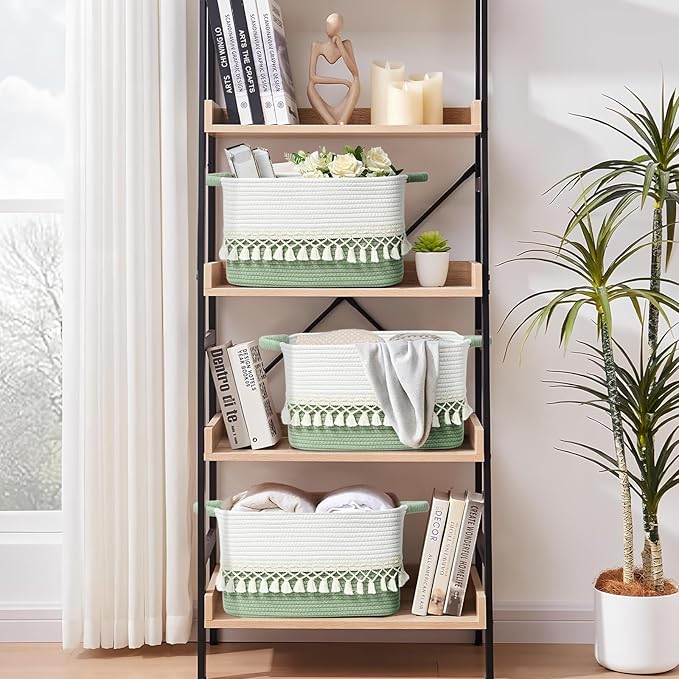 3 Pack Storage Basket for Shelves, Boho Cotton Rope Storage Bins with Heavy Tassel, Shelf Baskets Large Woven Baskets for Organizing, Cube Organizer Bins, Baby Laundry Basket for Clothes, Toys, Pets
