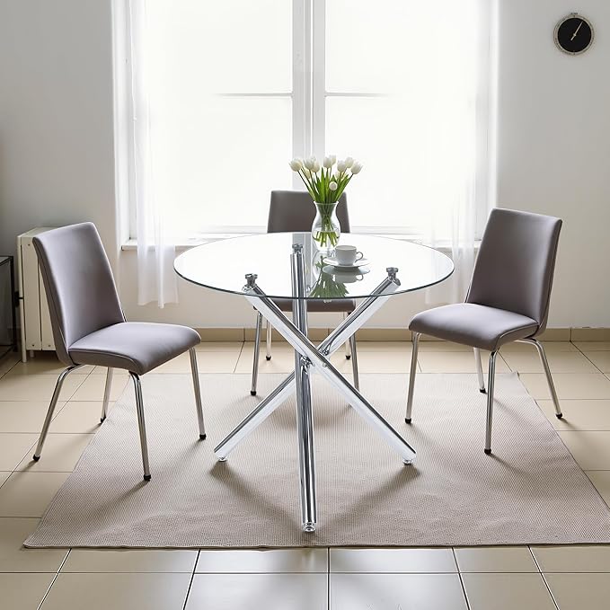 Kitchen Table Classic Dining Table for 4 Round Glass Dining Table 35.43" Kitchen & Dining Room Tables with Metal Legs and Glass Tabletop for Dining Room and Apartment, Silver