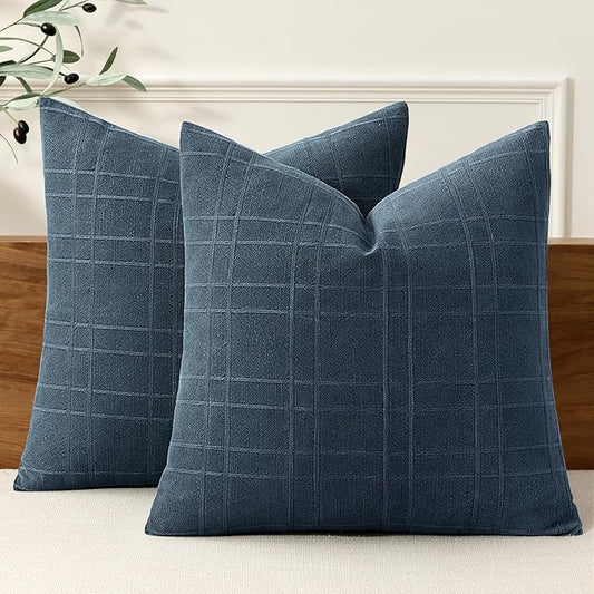 MIULEE Decorative Linen Check Euro Shams Throw Pillow Covers Neutral Farmhouse Vintage Pillow Covers 22x22 Set of 2 Boho Modern Home Decor for Sofa Couch Bedroom Cushion Deep Blue