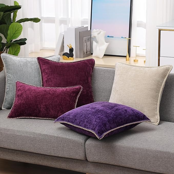 decorUhome Chenille Soft Throw Pillow Covers 12x20 Set of 2, Lumbar Velvet Farmhouse Neutral Decorative Euro Pillow Covers with Stitched Edge for Couch Sofa Bed Home Decor, Rhododendron