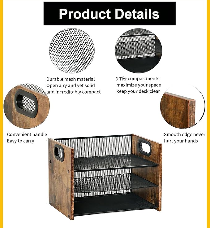 Wood Desk Organizer - 3-Tier Desktop File Organizer, Wooden Paper Tray, Office Desk Organzier and Accessories for Papers, Mail, Notebooks, Stationery