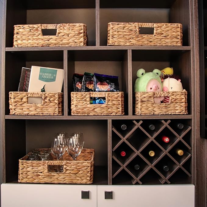 Rectangular Water Hyacinth Storage Baskets, Wicker Storage Baskets for Shelves, Square Shallow Basket, Woven Drawer Basket With Handle, 13” L x 10.6” W x 4.5” H