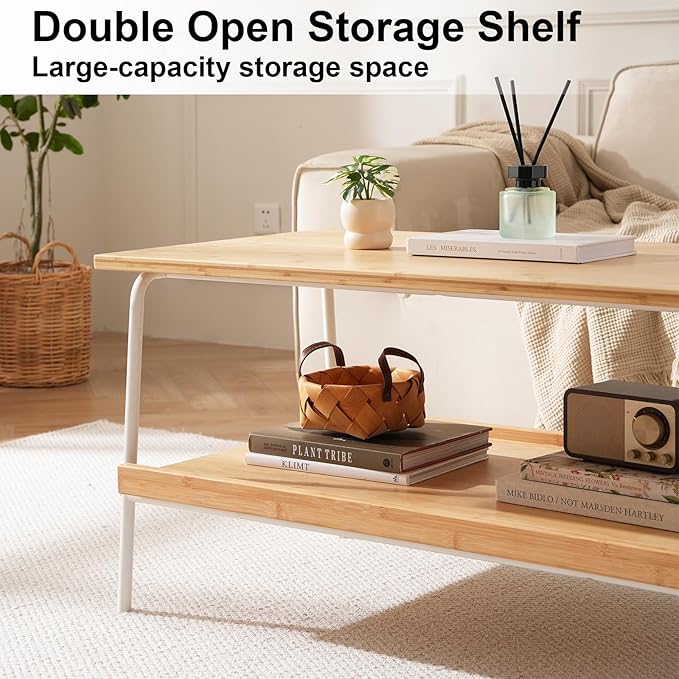 Coffee Table with 2 Tier Storage- Mid Century Modern Center Table, Farmhouse Bamboo Coffee Tables, Small Tea Tables for Living Room, Bedroom, Office, Patio (Natural)