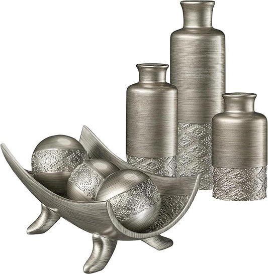 Creative Scents Dublin Silver 3 Vases with Coordinating Bowl and 3 Orbs – Decorative Coffee Table Accents with Orb Balls for Living Room or Dining Room Tables, Home Decor, Mantel Decorations