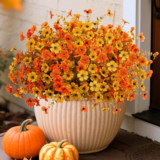 Artificial Mums Fall Fake Flowers for Outdoors, 12 Bundles Faux Mums for Outdoor Planters Decorations,UV Resistant Silk Flowers Plastic Plants for Front Porch Garden Patio Home Decor (F-Orange Yellow)