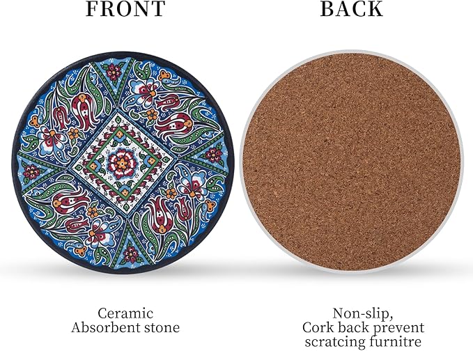 Coasters Absorbent Ceramic Coaster Drink Coasters with Cork Back Turkish Mandala Pattern Set of 6 Round Coaster Non Slip for Coffee Table Wine Glass Home Bar 4 Inch, Colorful
