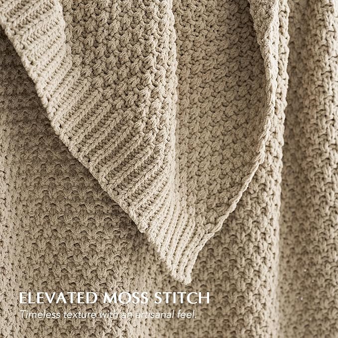 EVERGRACEHOME Chunky Chenille Knit Throw Blanket for Couch, Soft Luxurious Oversized Queen Moss Stitch Blanket for Bed, Large Cozy Farmhouse Knitted Throw for Sofa, Sand Dune, 90" x 90"