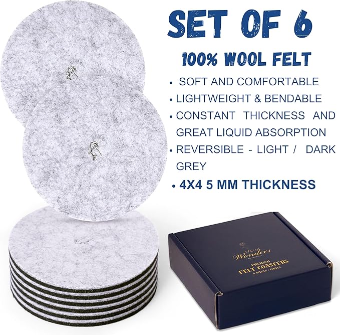 A&A Wonders Premium Felt Coasters for Drink, Two-Tone Reversible, Absorbent Felt Protects Furniture, Table, Anti Slip, Suitable for Drinks & All Table Types (Light Gray/Dark Gray, Circle 6 Pack)