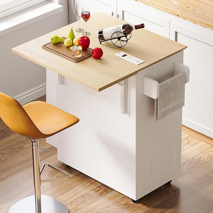 IRONCK Kitchen Island Table with Storage, Rolling Kitchen Cart with Power Outlet, Storage Cabinets on Wheels with Drop Leaf, Portable for Dining Room, White