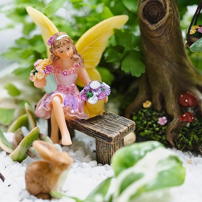 PRETMANNS Fairy Garden Fairy – Adorable Accessory for Indoor or Outdoor Miniature Garden – Small Figurine Isabella Sitting on a Bench – 1 Item