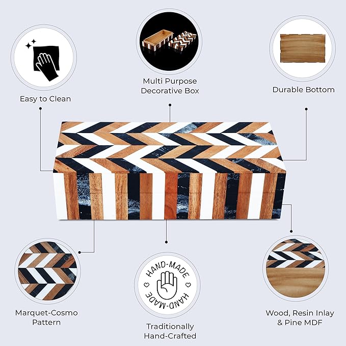 Handicrafts Home Handmade Decorative Storage Box with Lid- Jewelry Storage, Memory Keepsake, Gift Box for Women, Marquet Cosmo Pattern, Resin Inlay & Wood-Modern Decor Cajas Organizadora-10X4.5X2.5 In