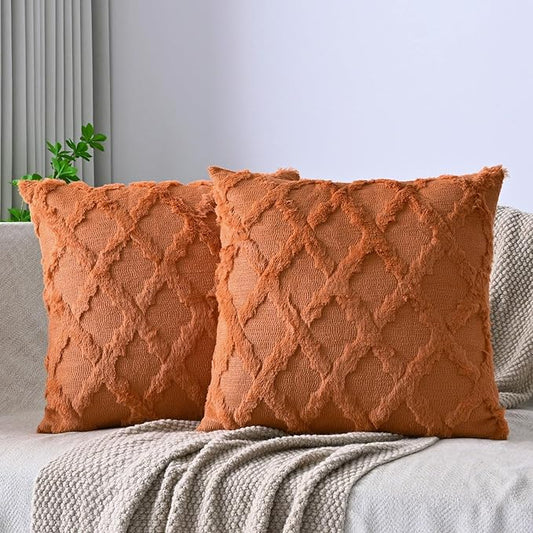 Set of 2 Soft Moroccan Throw Pillow Covers 24x24 Inch Plush Boho Decorative Pillow Cover Accent Cushion Case for Couch Sofa Bed, Burnt Orange