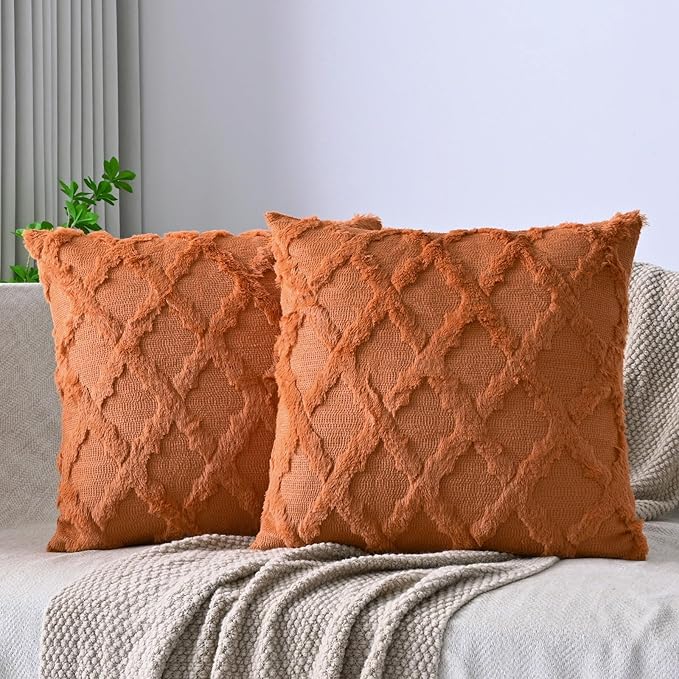 Set of 2 Soft Moroccan Throw Pillow Covers 22x22 Inch Plush Boho Decorative Pillow Cover Accent Cushion Case for Couch Sofa Bed, Burnt Orange