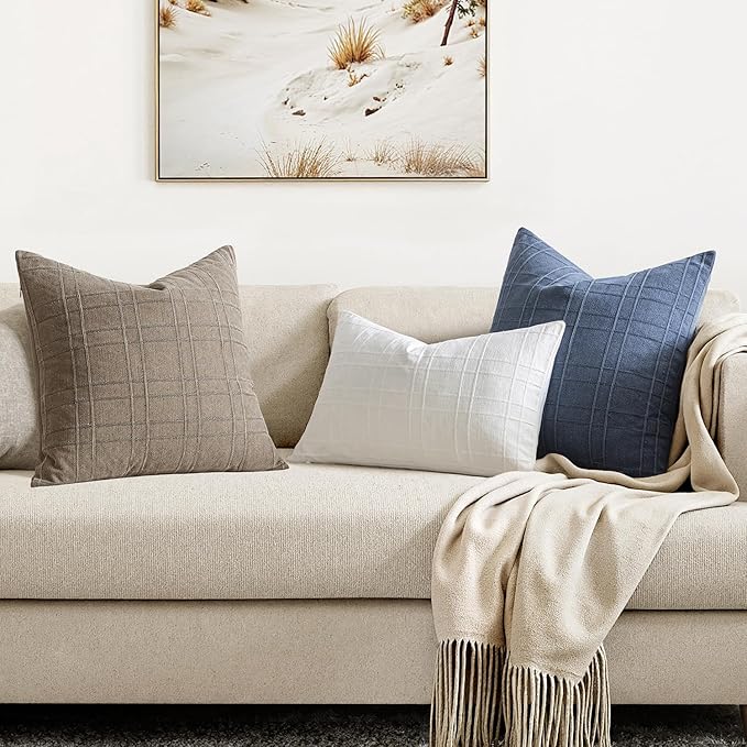 MIULEE Decorative Linen Check Lumar Throw Pillow Covers Neutral Farmhouse Vintage Pillow Covers 12x20 Set of 2 Boho Modern Home Decor for Sofa Couch Bedroom Cushion Blue