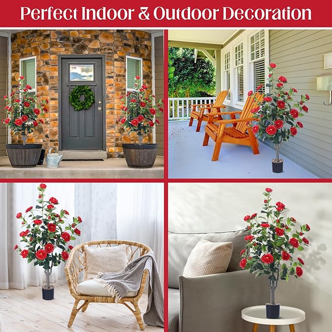 Jexine 2 Pack 40" Artificial Tree with Camellia, Fake Tree with 36 Blooming Flowers, Flower Plants Tree Faux Floral Plant Tree in Cement Pot for Indoor Outdoor Office Home Porch Decor (Red, 40")