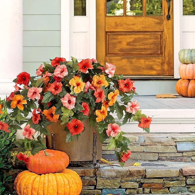Artificial Fake Fall Flowers Plants for Outdoor Decoration, 2PCS Fall Silk Faux Flowers Petunias Planter, No Fade UV Resistant Flower for Garden Porch Yard Patio Window Box Autumn Indoor Decor(Orange)
