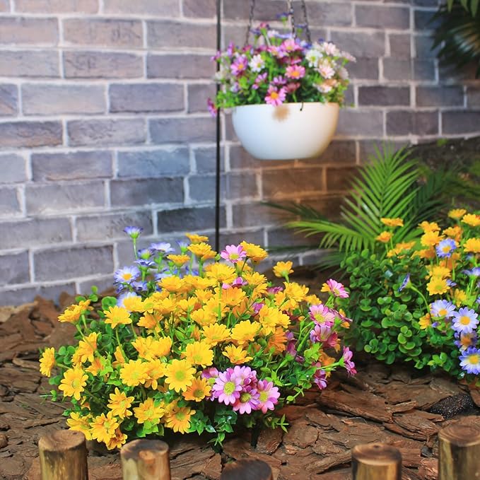 Artificial Outdoor Plants Faux Zinnia Flowers Eucalyptus 16 Bundles Fake Daisy Fade Resistant Wild Flowers Look Real Colorful Flower for Planter Front Porch Decor (16 Bundles 4 Colors)